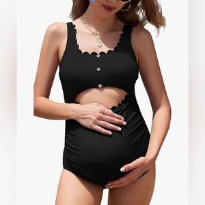 Black Scallop Trim Maternity One Piece Swimsuit